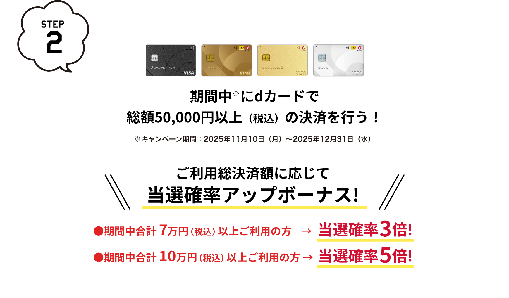 期間中にdカードで総額50,000円以上（税込）の決済を行う！