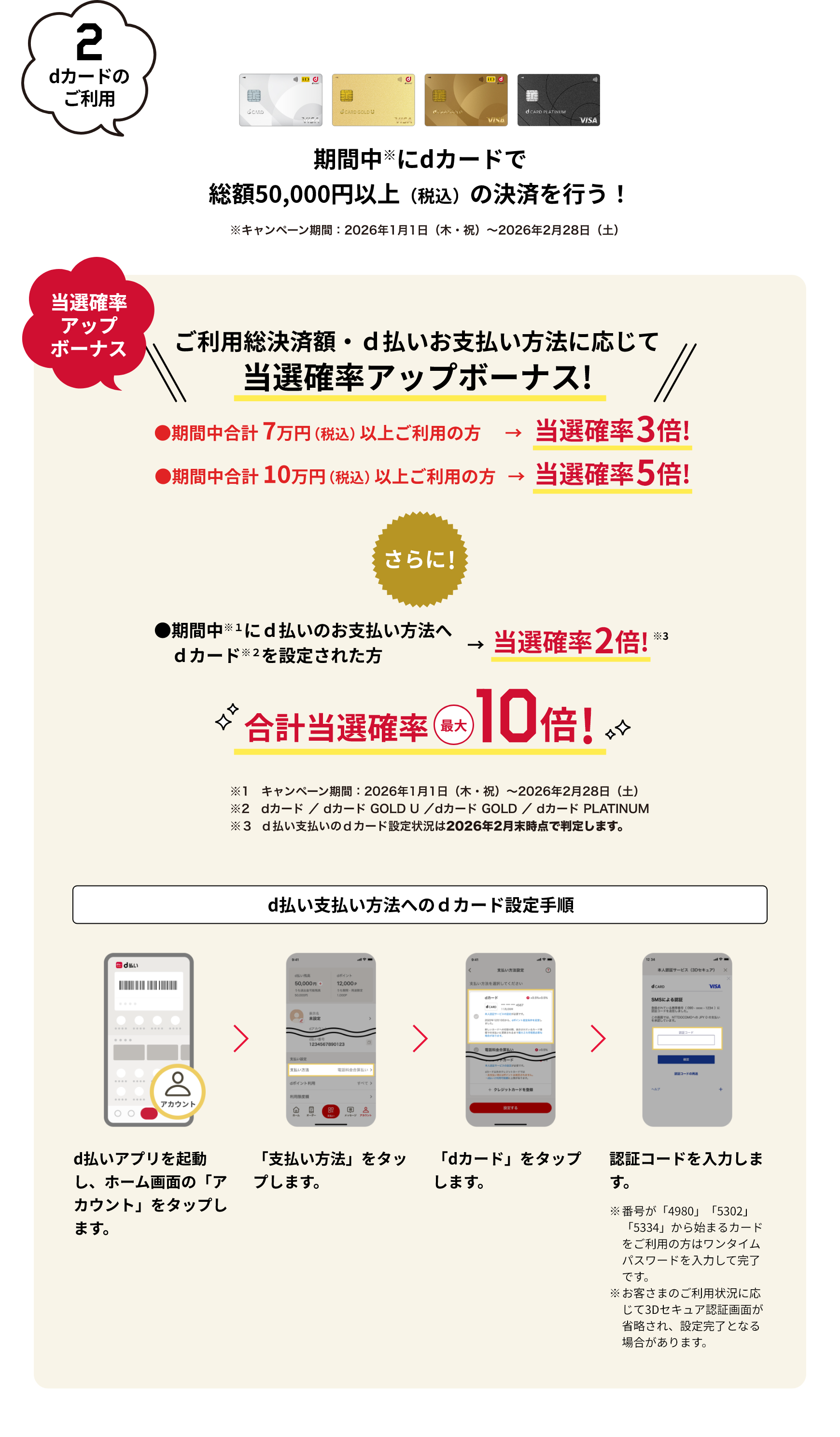 期間中にdカードで総額50,000円以上（税込）の決済を行う！